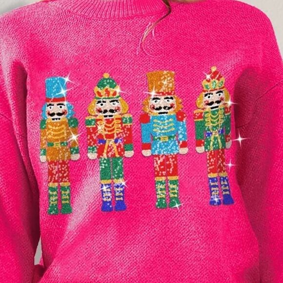 Double Take Sequin Holiday Long Sleeve Pink Nutcracker Christmas Sweater sz L - Picture 4 of 6